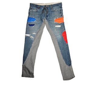 Greg lauren 50/50 Denim Terry Nylon Patch Pants Size 4 Distressed